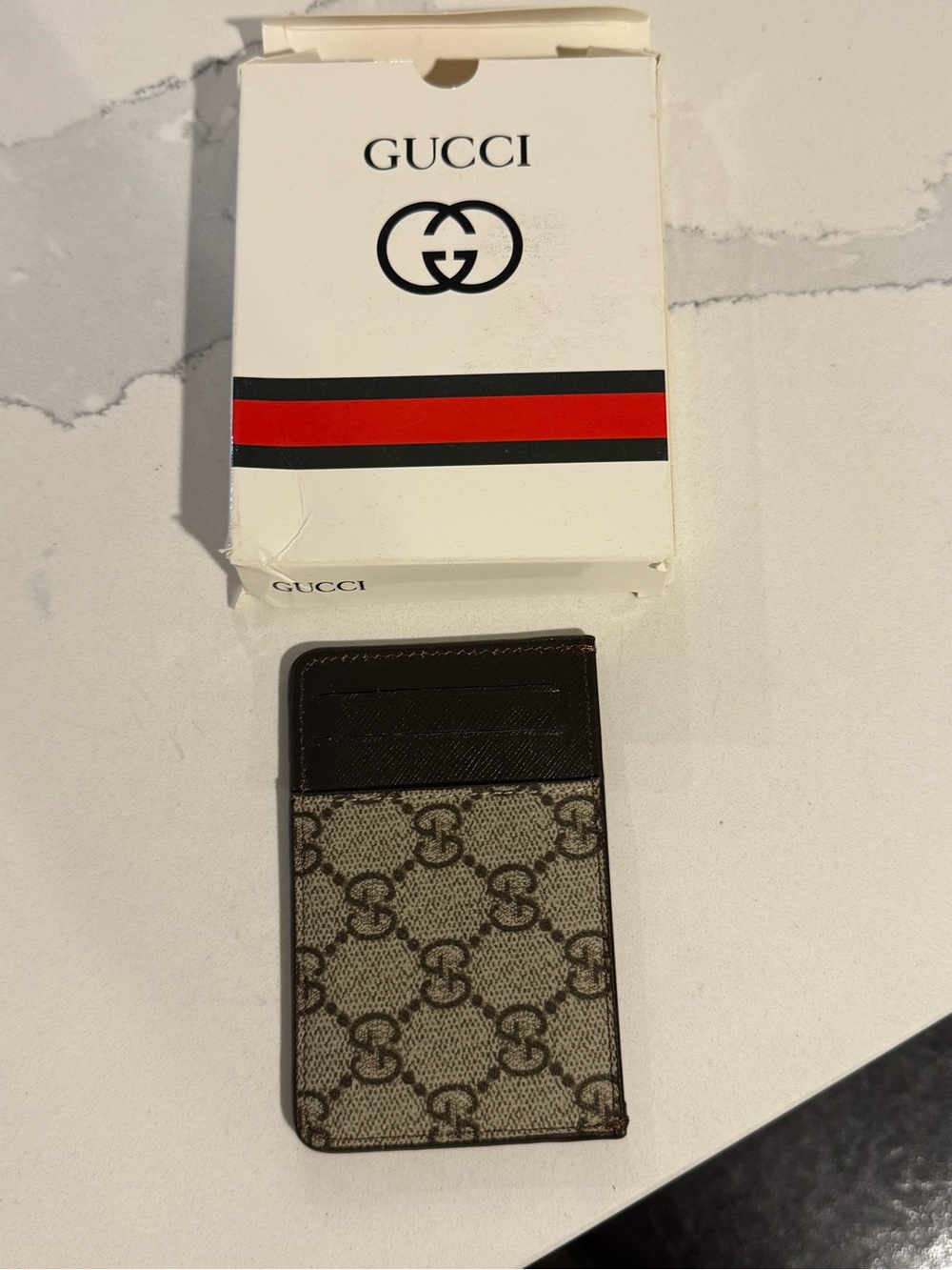 Gucci Brown GG Supreme Canvas Card Holder with Dark Brown Trim